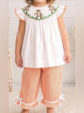 Petit Ami Toddler Girls White Smocked Monkey Orange Gingham 2pc Outfit size 3T